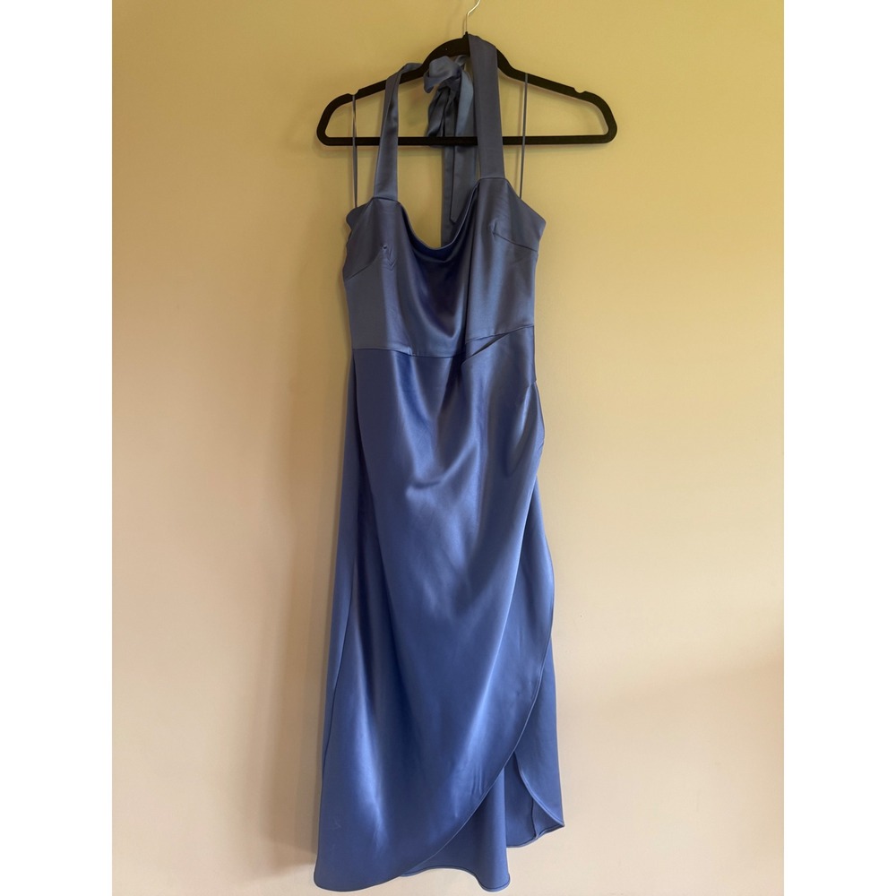 BHLDN Satin Halter Midi Dress Blue Cowl Neck Wrap Skirt Wedding Guest M